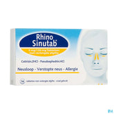 RhinoSinutab® comprimés soulage les symptômes allergiques tels que la congestion nasale, les éternuements, l’écoulement nasal et les démangeaisons du nez et des yeux, 14 comprimés
